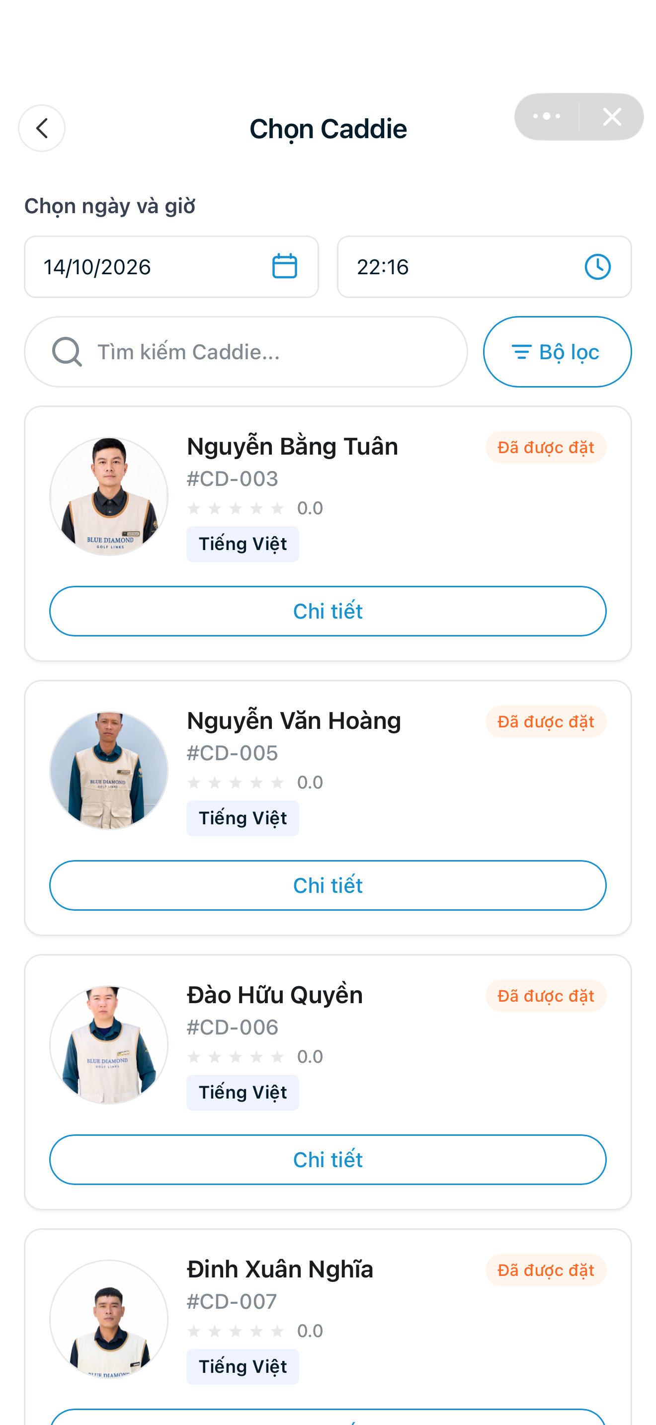 Giao diện lựa chọn Caddie trên Zalo Mini App Blue Diamond